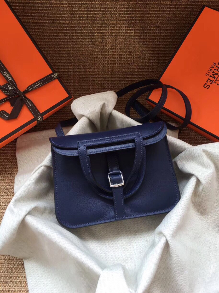 Hermes Mini Halzan 22 Handbag Shoulder Bag In Blue Nuit Swift Leather